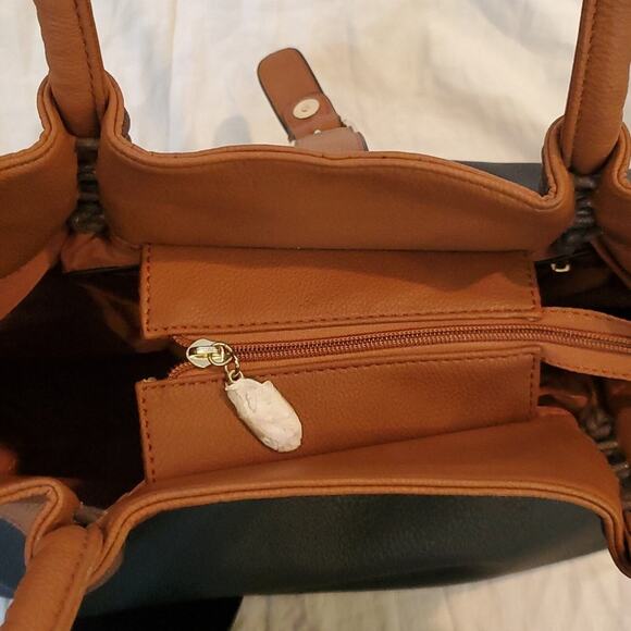 Black Rivet Purse Two Tone Black and Cognac Double Handle Bag w/Shoulder Strap - Picture 8 of 16